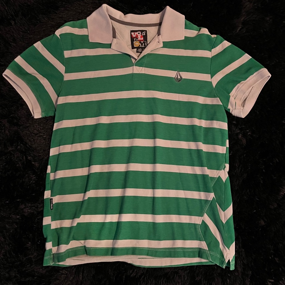 VolCom Striped Green and White Polo